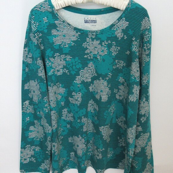 Basic Editions green floral striped 100% cotton long sleeve tee *Sz 1X* - Picture 1 of 3